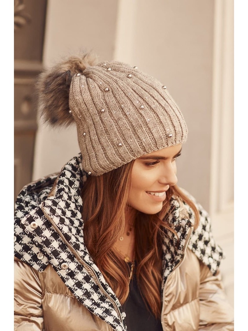 Warm hat with beads and cappuccino pompom C64 - Online store - Boutique