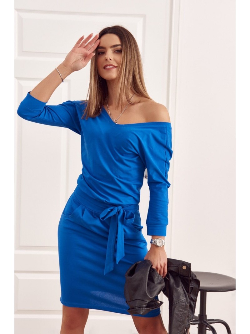 Rochie albastru cu cravata in talie 9729 - Magazin online - Boutique