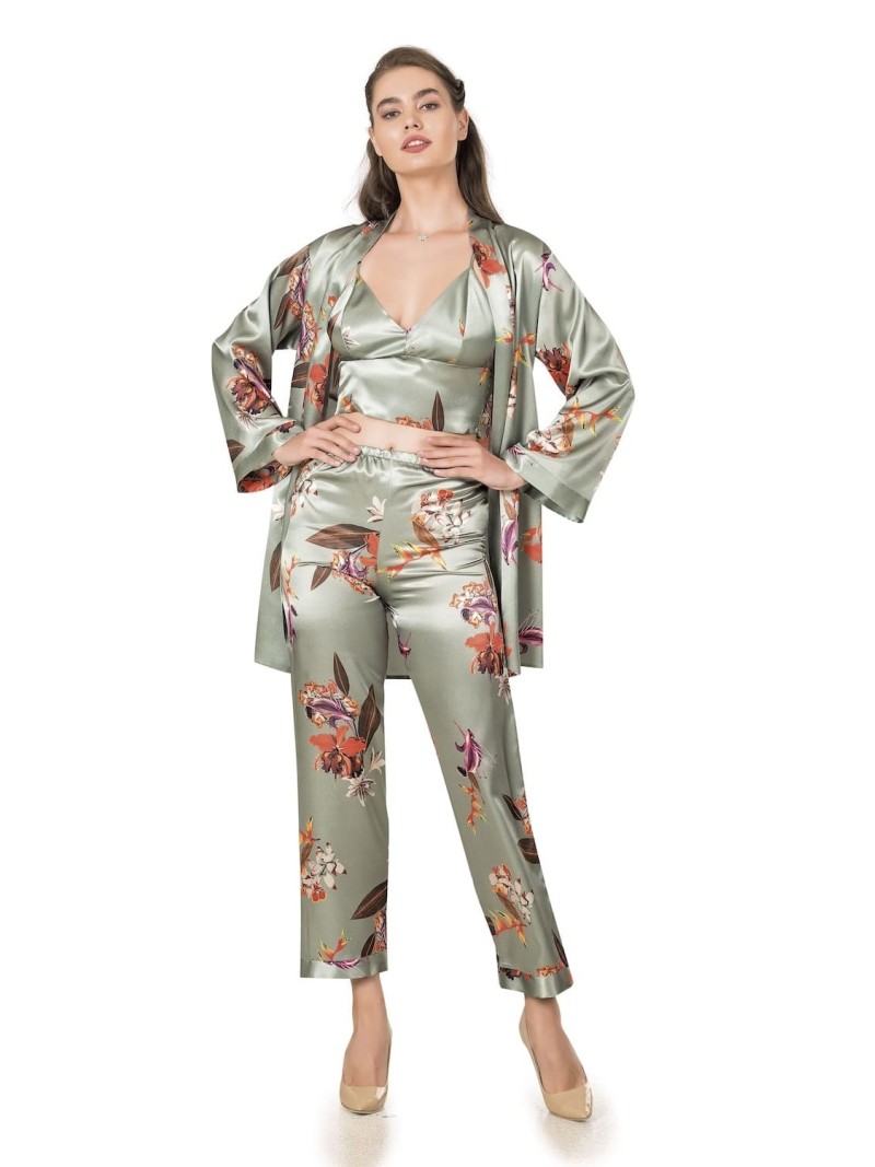 Elegant three-piece women\'s pajamas, top, pants, bathrobe, olive PIZ334 - Online store - Boutique