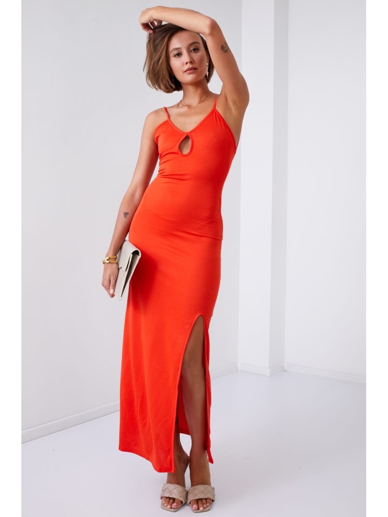 Smooth maxi dress on straps with a slit, brick red 110570 - Online store - Boutique