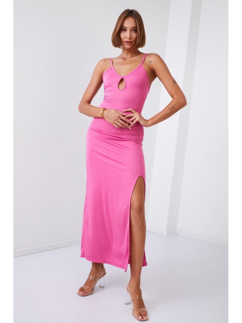 Smooth maxi dress on straps with a slit, pink 110570 - Online store - Boutique