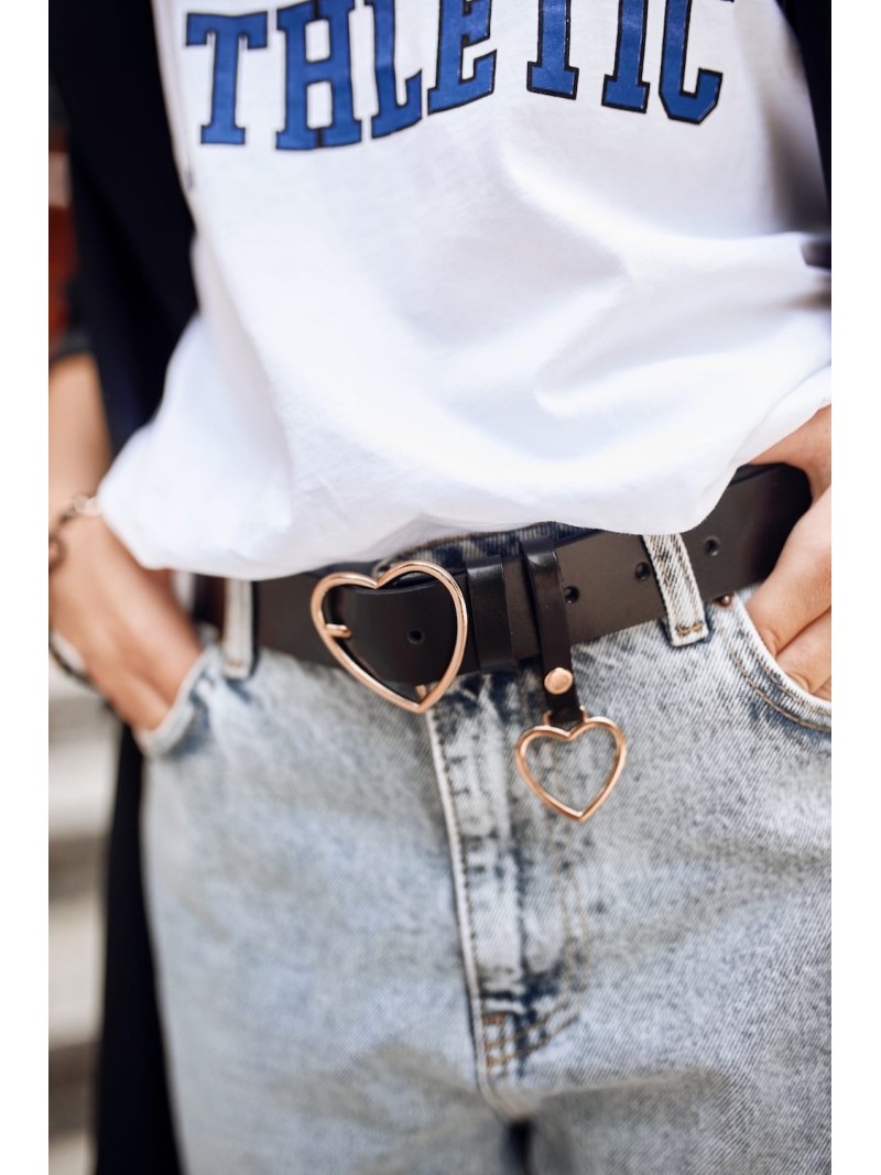 Leather belt with a heart-shaped buckle, black P036 - Online store - Boutique