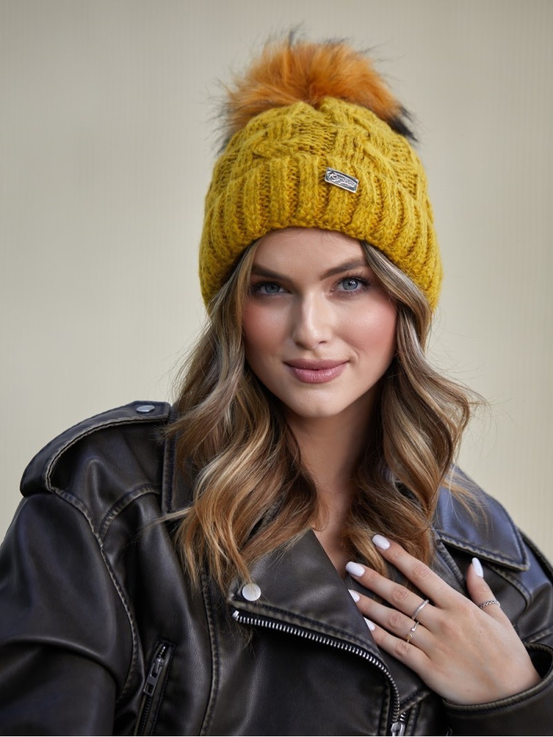 Winter hat with a shimmering thread in braids, mustard C49 - Online store - Boutique