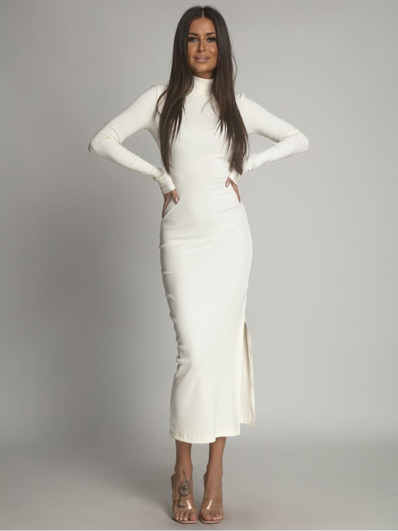 Cotton fitted maxi dress with a turtleneck ekri FG680