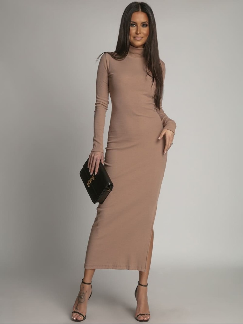 Cotton fitted maxi dress with cappuccino turtleneck FG680