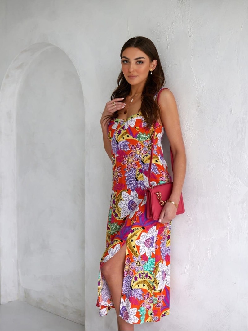 Summer midi dress with straps, orange 3183 - Online store - Boutique