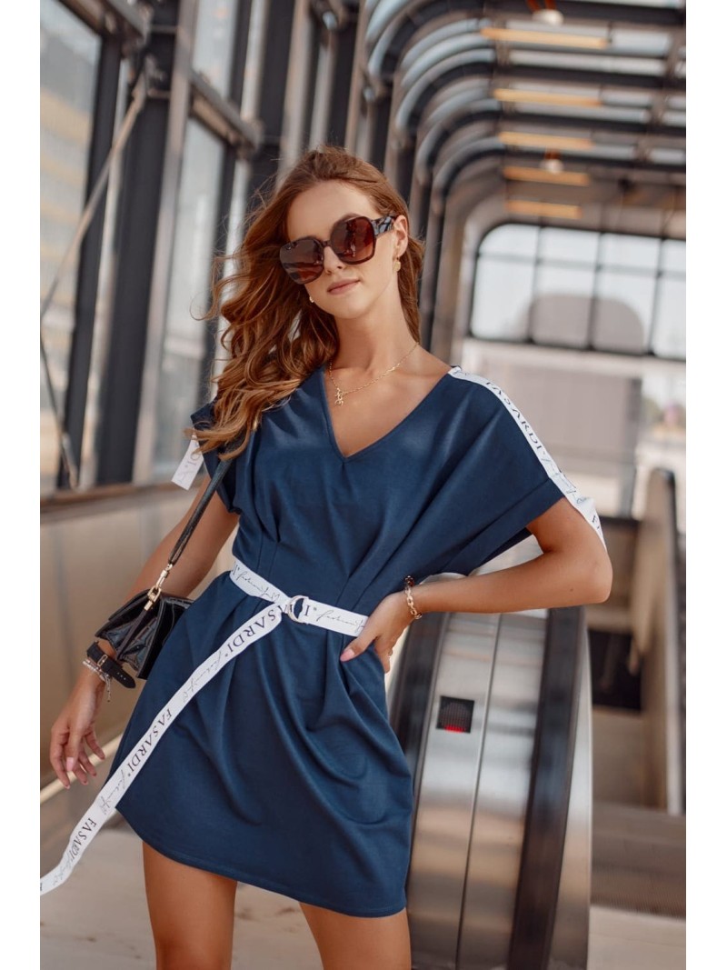 Tailored dress with a belt, navy blue FI662 - Online store - Boutique