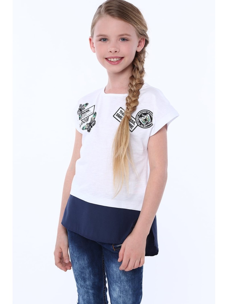 Tricou fete din materiale combinate, alb NDZ8212 - Magazin online - Boutique